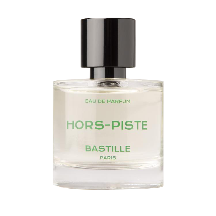 Bastille Hors-piste Eau de Parfum – clear glass bottle with black cap, green text, white background – perfume