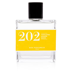 Bon Parfumeur 202 Watermelon – klares Glasfläschchen mit schwarzem Deckel, gelbes Etikett, weißer Hintergrund – Parfüm