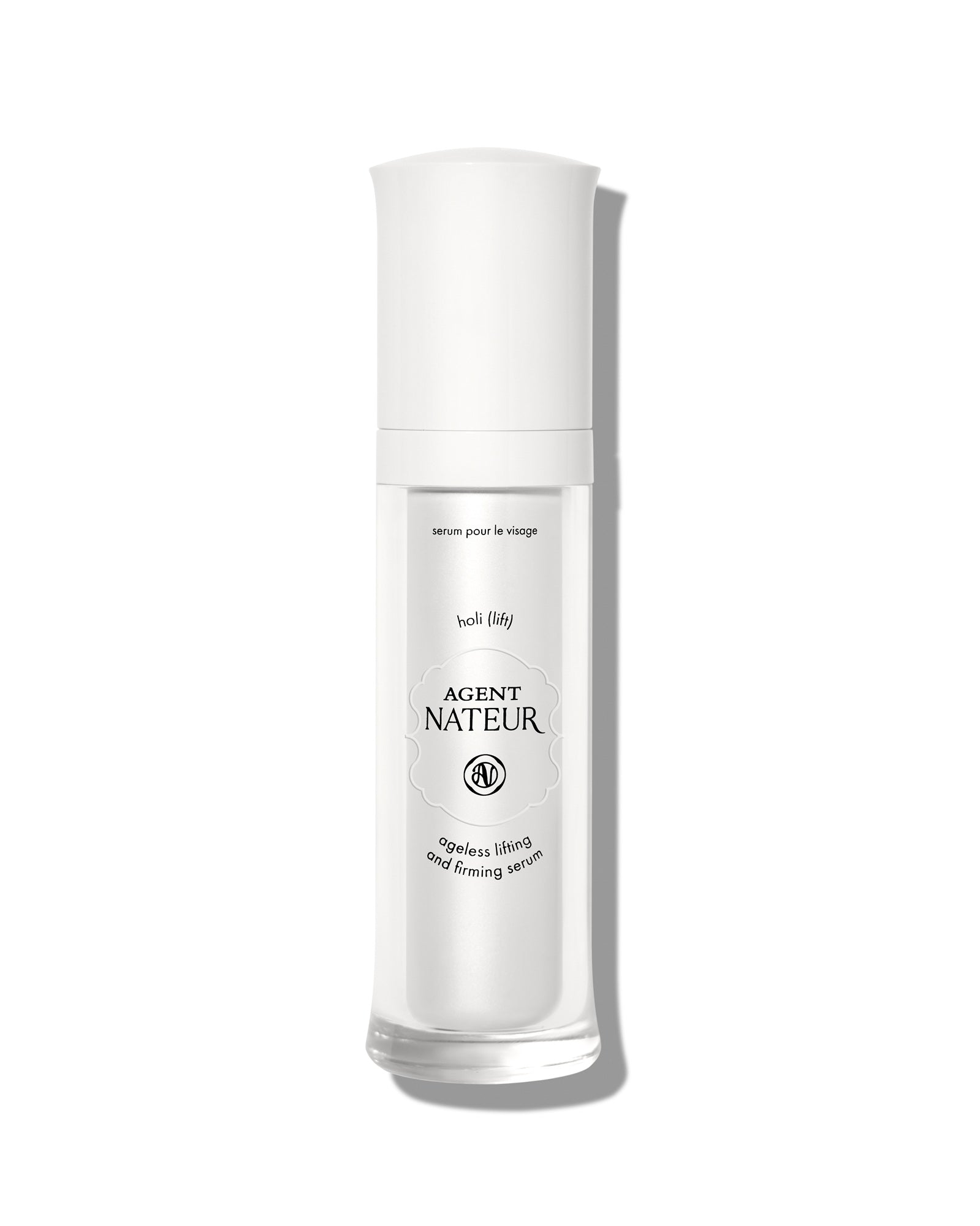 Agent Nateur Holi(lift) Ageless Lifting Serum – klares Glasfläschchen mit weißem Pumpdeckel, weißem Hintergrund – Hautpflege