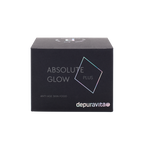 depuravita Absolute Glow Plus – schwarze Verpackung mit holografischem Logo, weißem Hintergrund – Anti-Aging Hautpflege