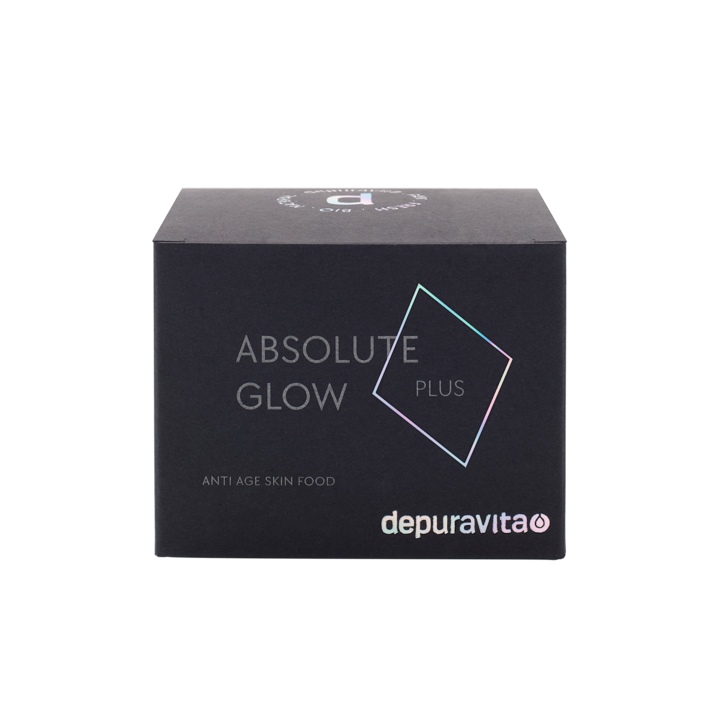depuravita Absolute Glow Plus – schwarze Verpackung mit holografischem Logo, weißem Hintergrund – Anti-Aging Hautpflege