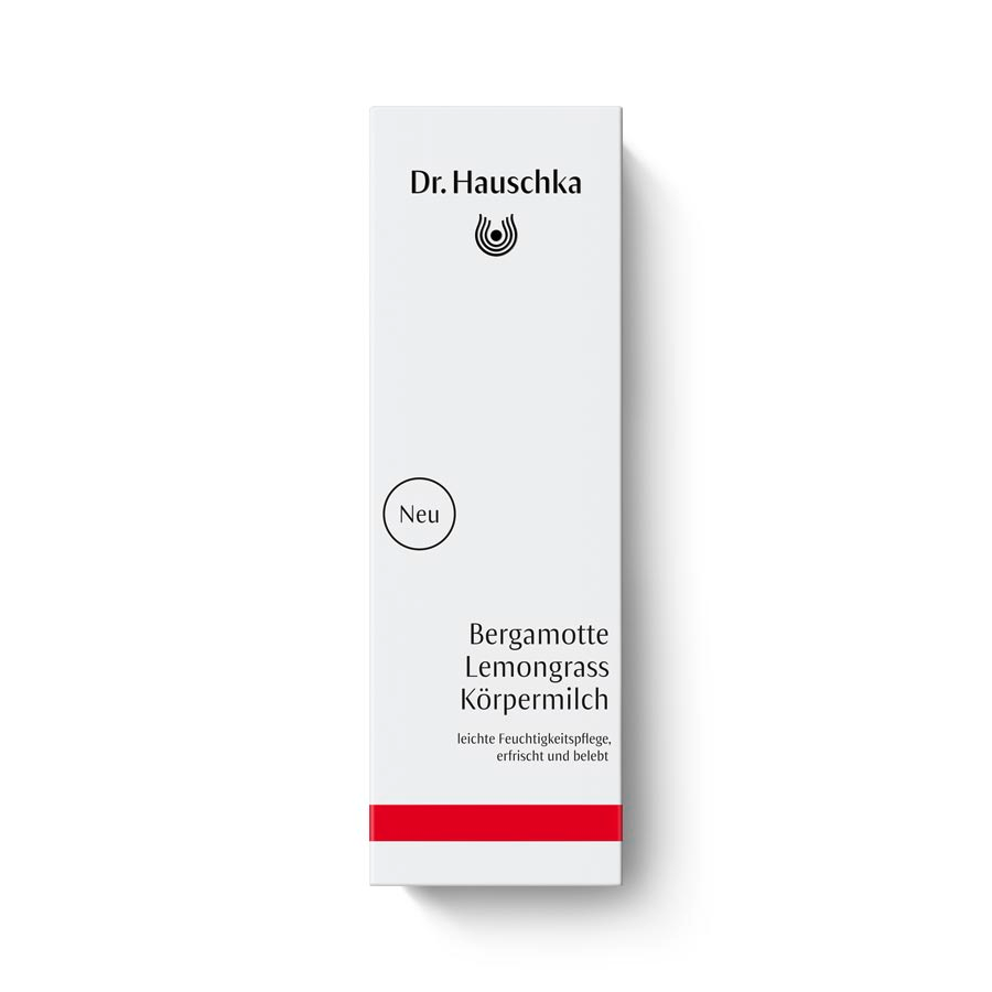 Dr. Hauschka Bergamotte Lemongrass Körpermilch – weiße Kartonverpackung mit rotem Streifen, weißem Hintergrund – Körperpflege