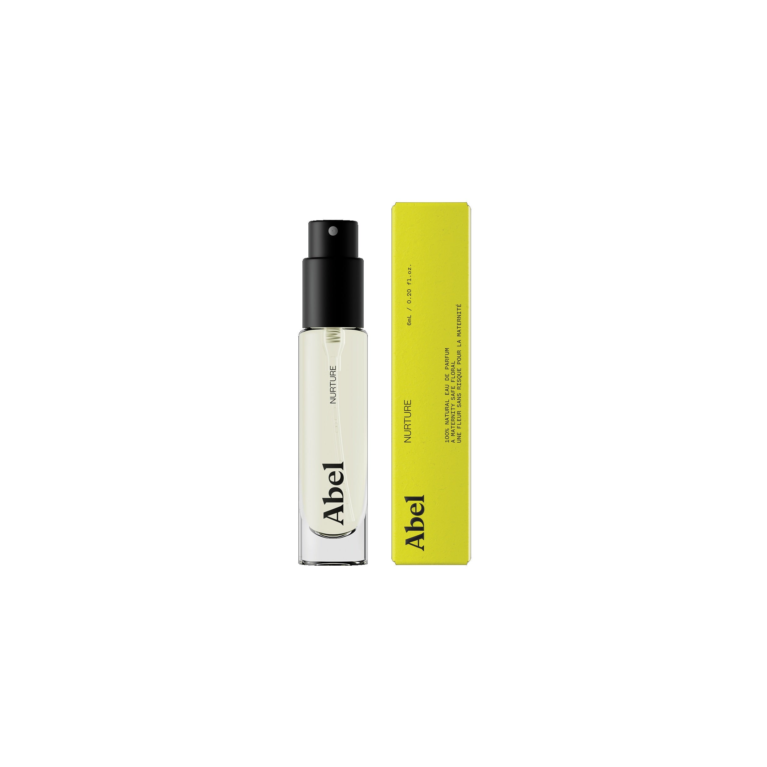 Abel Nurture Eau de Parfum – clear glass bottle 6ml, black spray cap, yellow box – perfume