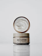Salt & Stone Santal & Vetiver Body Cream – brown glass jar 200ml, cream lid on white background – body care