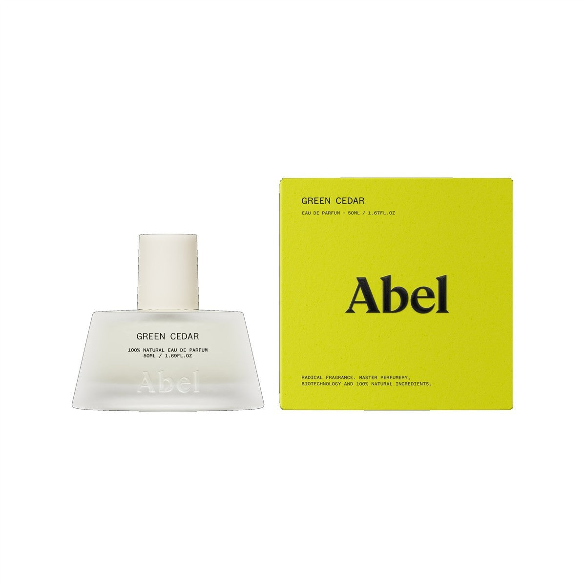 Abel Green Cedar Eau de Parfum – 50ml Glasflasche mit weißem Sprühkopf, gelbe Verpackung, weißer Hintergrund – Parfüm