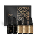 LE PURE Treatment Set Rich – fünf schwarze Fläschchen mit Pumpen, gold-schwarzer Karton, weißer Hintergrund – Hautpflege