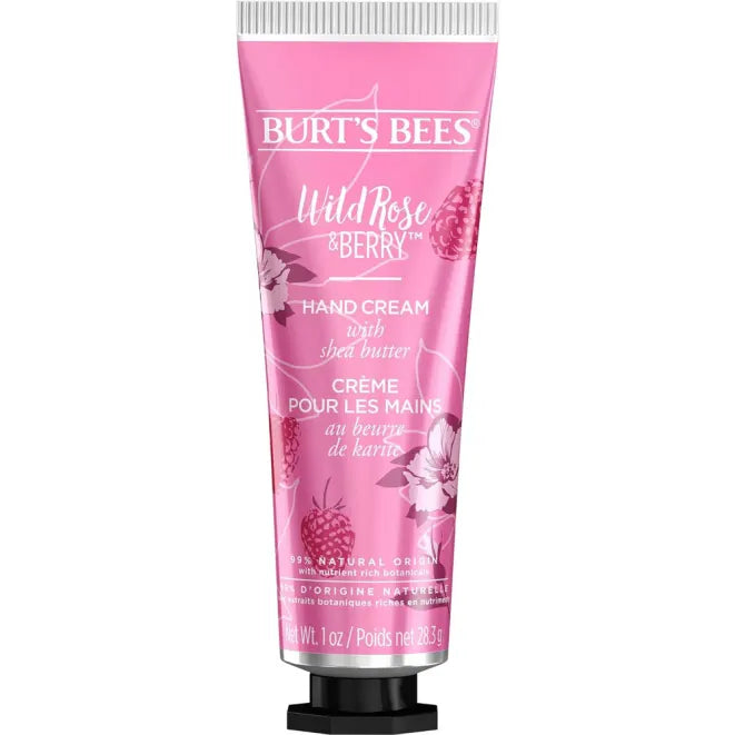 Burt’s Bees Wild Rose & Berry Handcreme – rosa Tube 28,3 g, silberner Deckel, weißer Hintergrund – Hautpflege