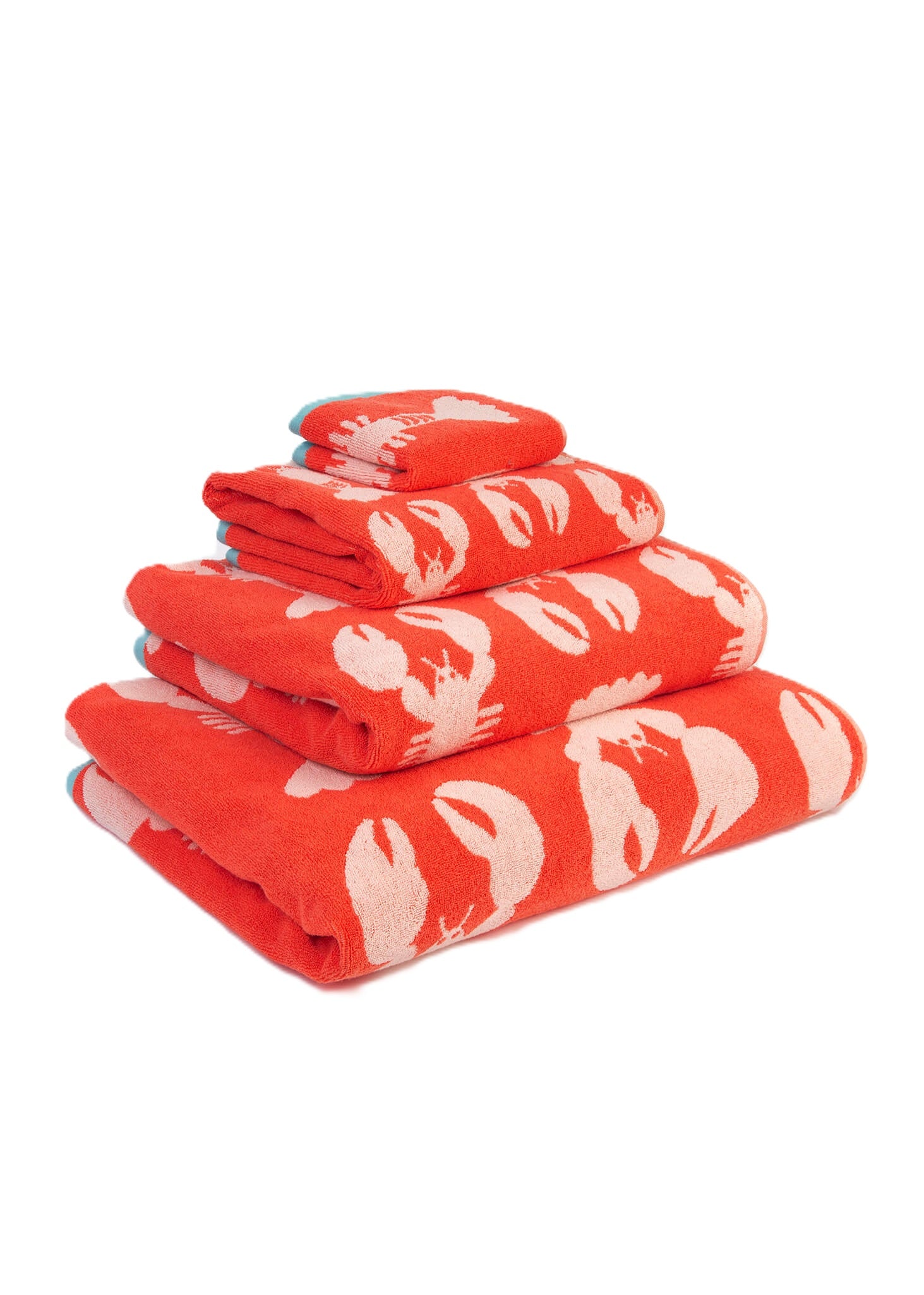 Lobster Organic Cotton Hand Towel – vibrant red towels with lobster print, white background – bath textiles