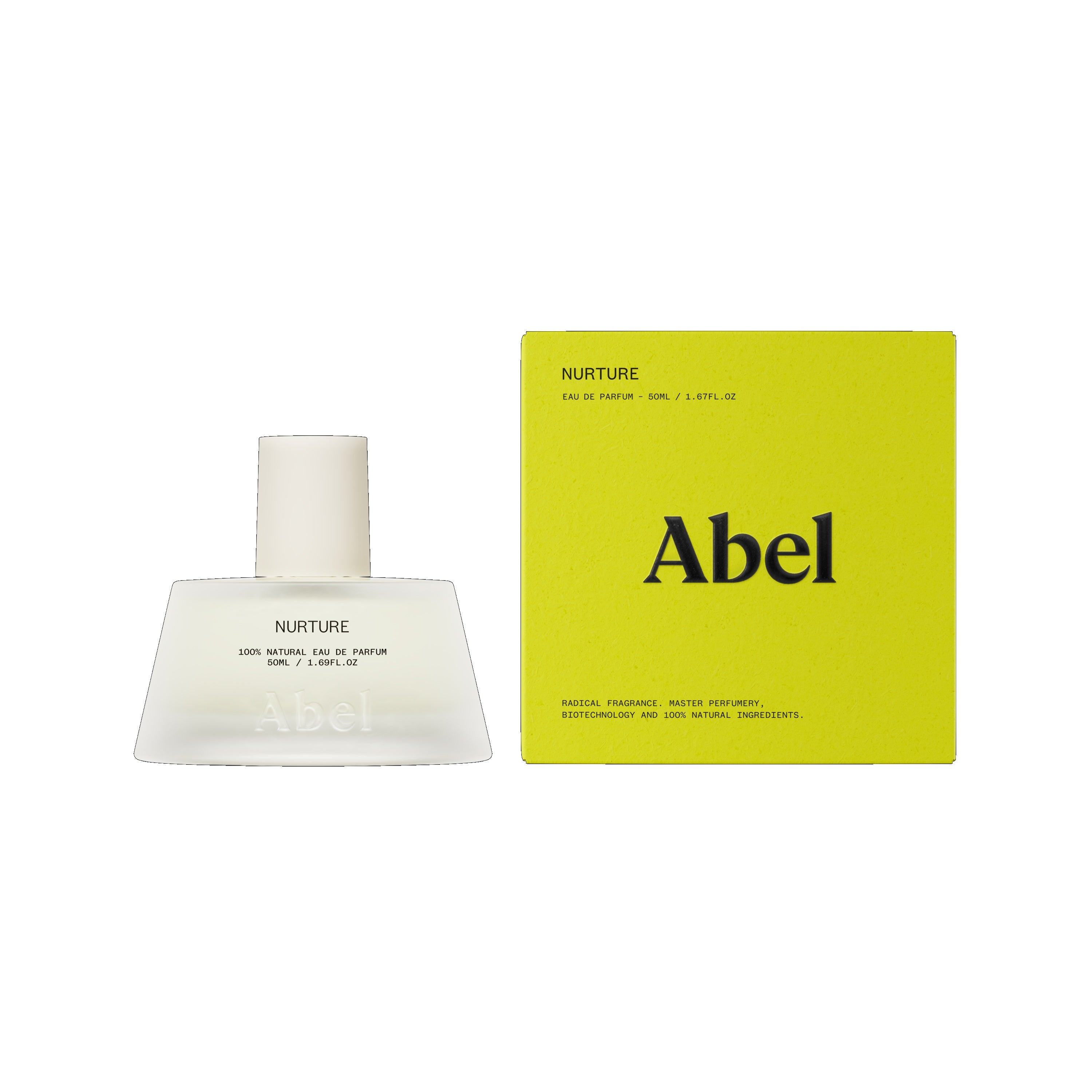 Abel Nurture Eau de Parfum – 50ml bottle with white cap, yellow box, white background – perfume