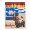 Greetings Scottish Terrier Streichholzschachtel – beige mit blauem Fenster, rotem Hundehalsband, weißem Hintergrund