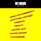 Wet Dreams Parfum – scent notes on bright yellow background with pink text – perfume