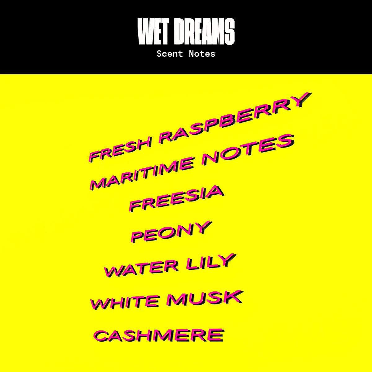 Wet Dreams Parfum – Duftnoten auf leuchtend gelbem Hintergrund mit pinker Schrift – Parfüm
