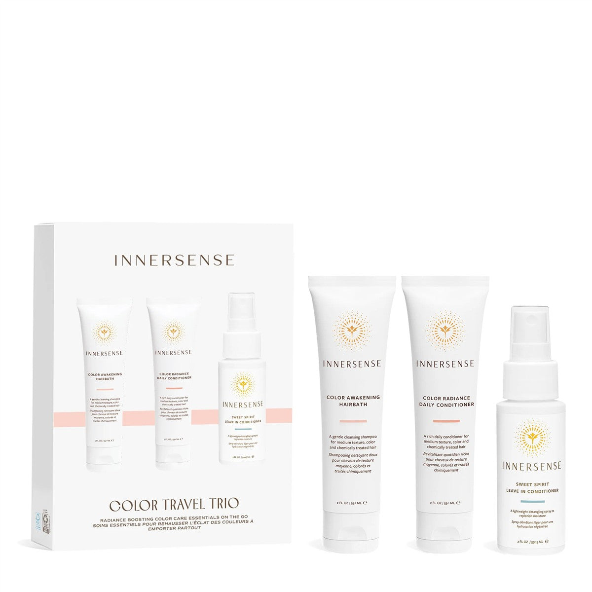 INNERSENSE Color Travel Trio – white tubes and spray bottle, 3 fl oz, white background – hair care
