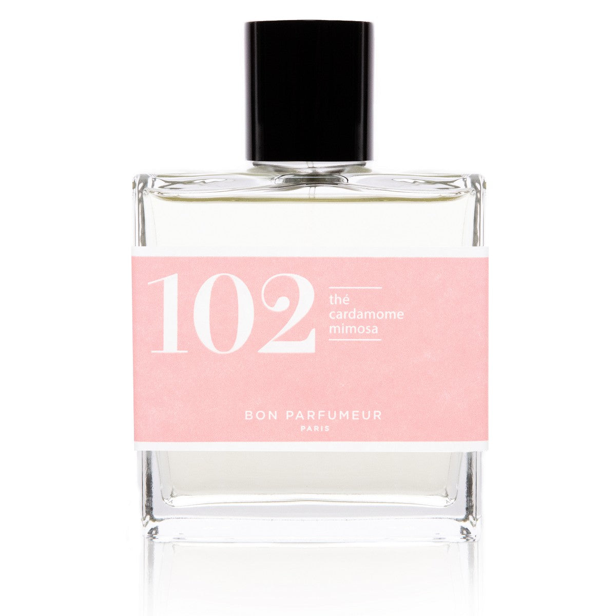Bon Parfumeur 102 Tea – klares Glasfläschchen 100ml, schwarzer Deckel, rosafarbene Etikette, weißer Hintergrund – Parfüm