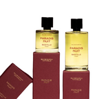 Paradis Nuit Eau de Parfum – klare Glasflasche mit schwarzem Verschluss, bordeauxroter Karton, weißer Hintergrund – Parfüm