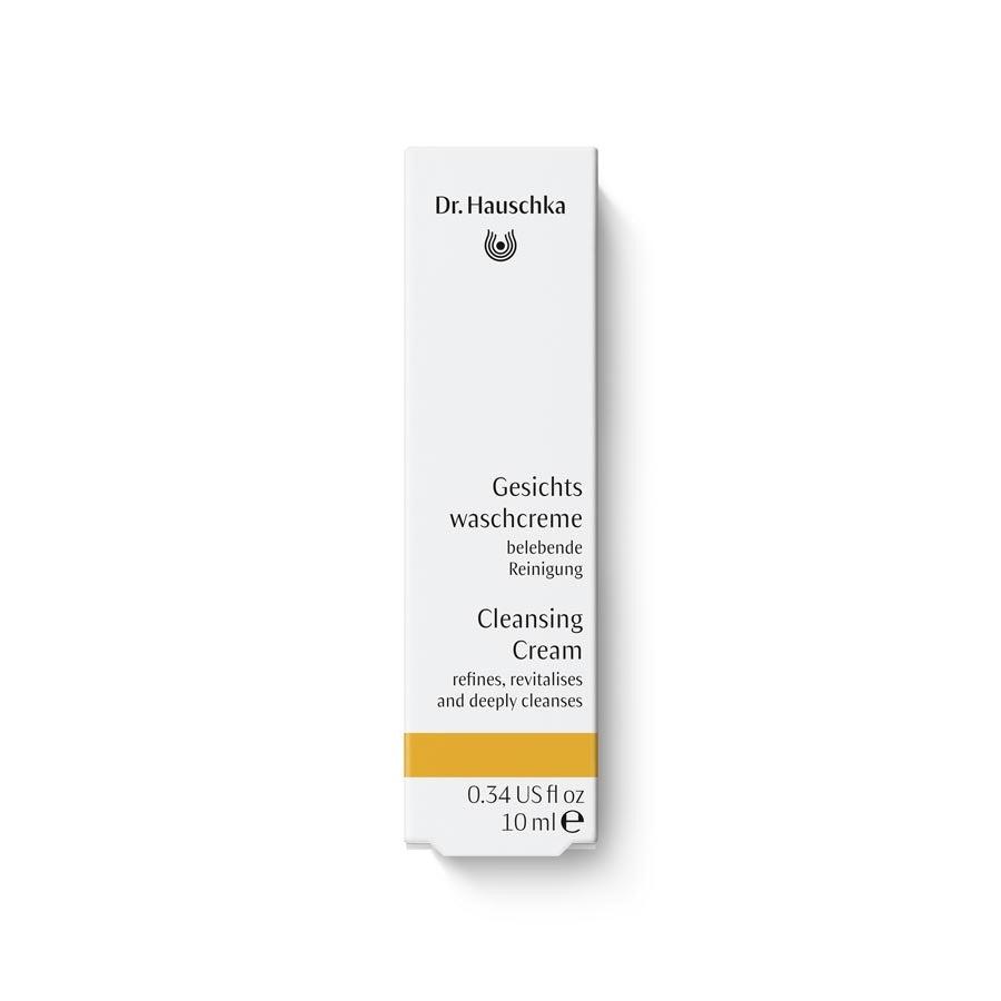 Dr. Hauschka Gesichtswaschcreme – weiße Tube 10ml, goldener Streifen, weißer Hintergrund – Hautreinigung