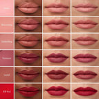 Matte Naturally Liquid Lipstick – six shade swatch on lips, white background – lipstick