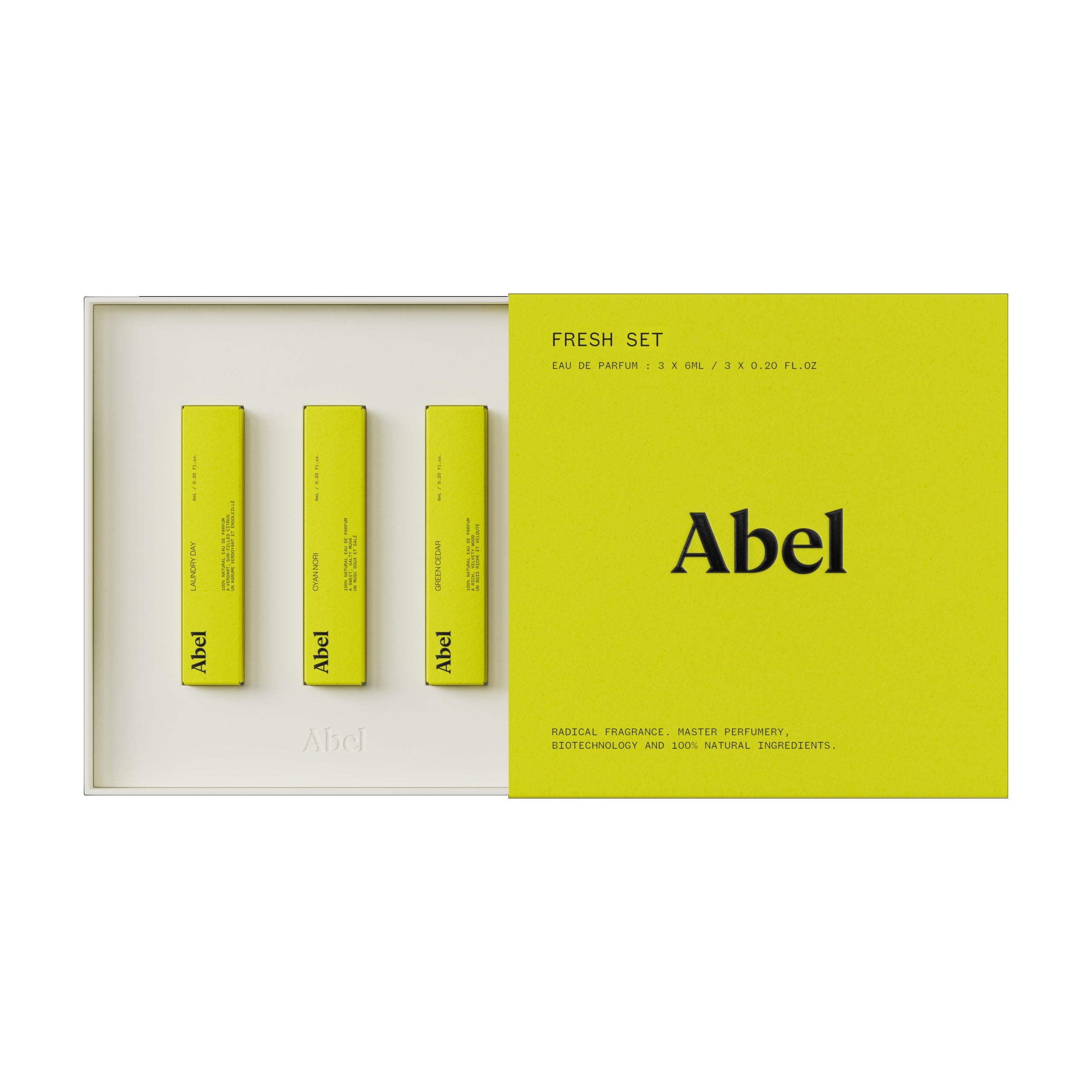 Abel Mini Perfume Set Fresh – three yellow spray bottles 6ml each, white box, bright yellow lid – perfume