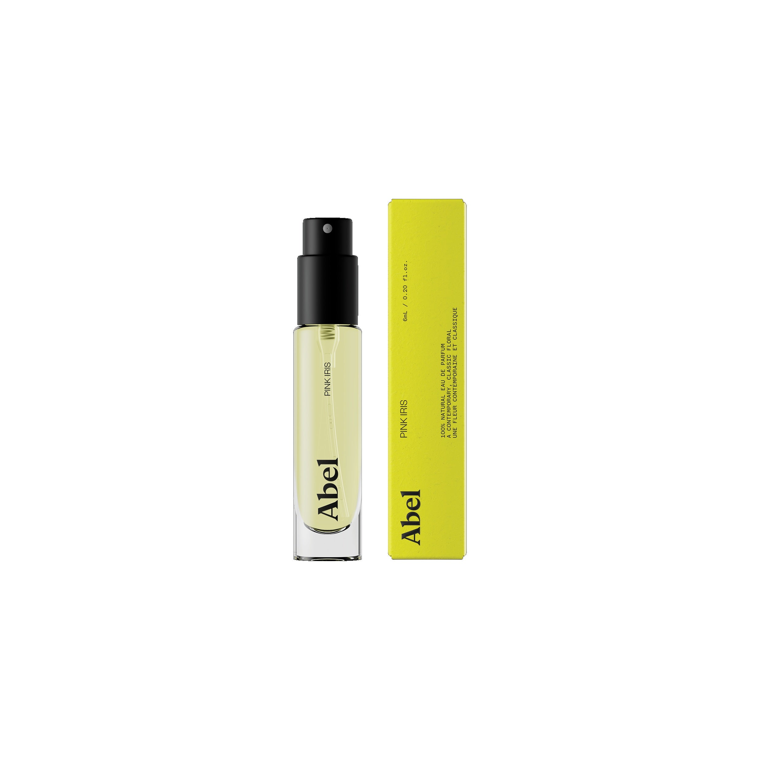 Abel Pink Iris Eau de Parfum – clear glass bottle 6ml, black spray nozzle, yellow box, white background – perfume