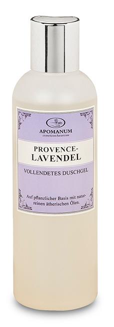Apomanum Provence-Lavendel Duschgel – cremefarbene Flasche mit silbernem Deckel, lila Etikett, weißer Hintergrund – Hautpflege