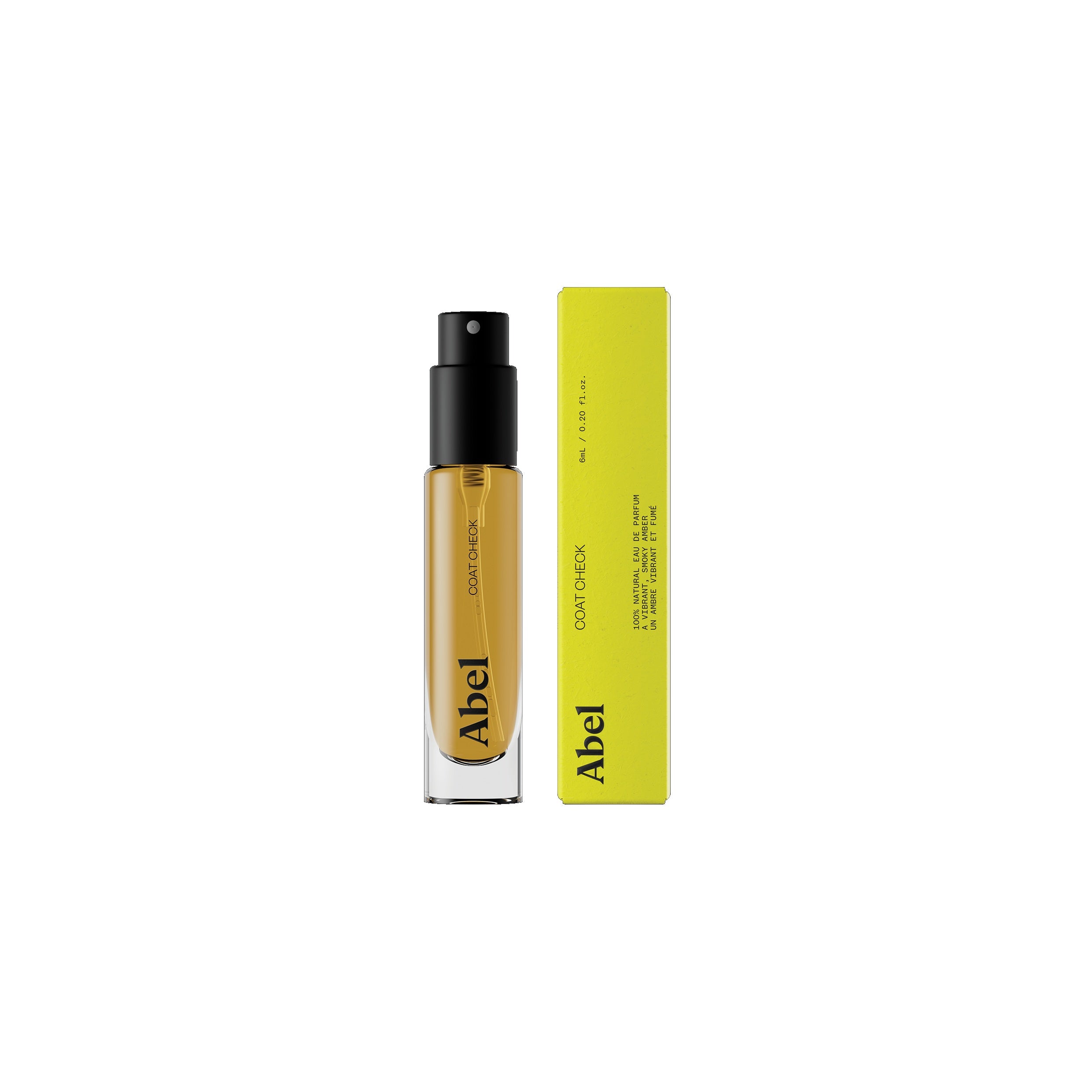Abel Coat Check Eau de Parfum – transparente Sprayflasche 6ml, schwarzer Verschluss, gelbe Verpackung, weißer Hintergrund – Parfüm