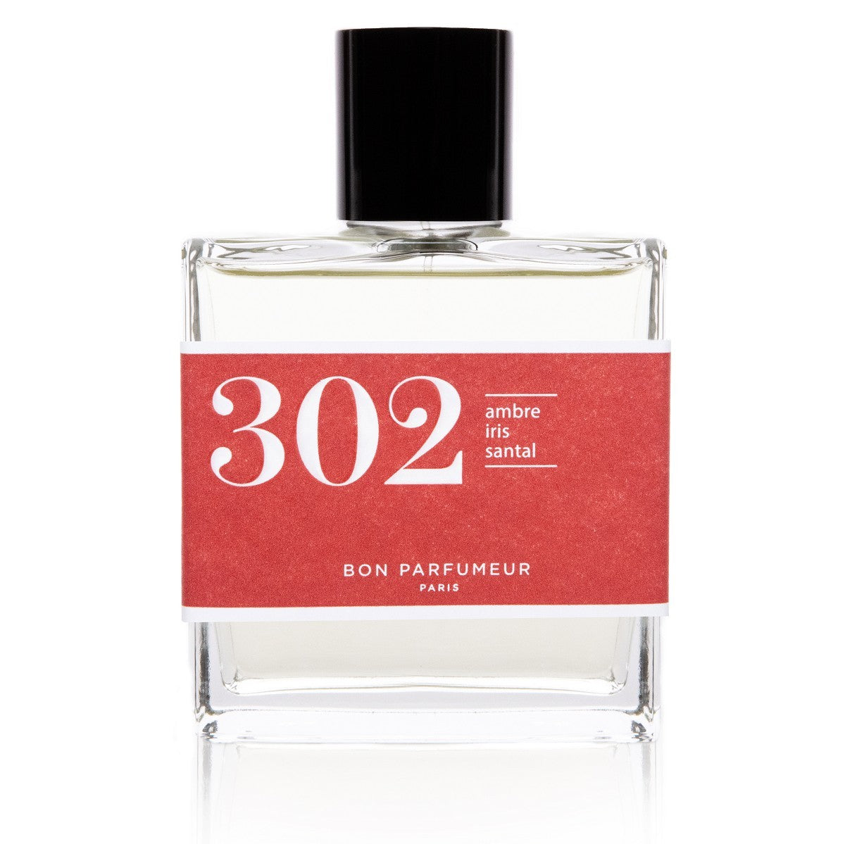 Bon Parfumeur 302 Amber – klares Glasfläschchen mit rotem Etikett, schwarzem Deckel, weißem Hintergrund – Parfüm