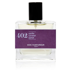 Bon Parfumeur 402 Parfumflasche mit violettem Etikett und schwarzem Verschluss auf weißem Hintergrund, Duft