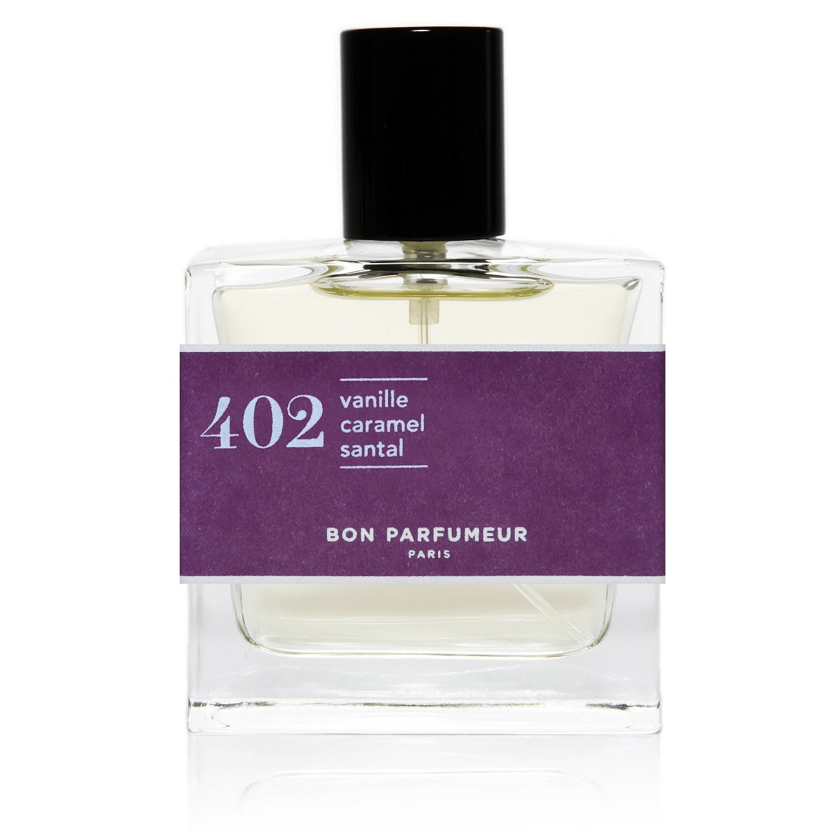 Bon Parfumeur 402 Vanille – klares Glasfläschchen 30ml, schwarzer Verschluss, lila Etikett, weißer Hintergrund – Parfüm