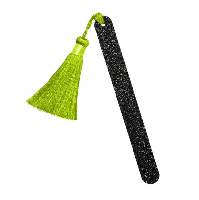 Nail File with Pom-Pom Black/Green – black file, bright green tassel, white background – nail care