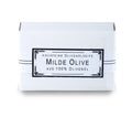 Milde Olive Seife – weiße Kartonverpackung, schwarze Schrift, weißer Hintergrund – sanfte Hautpflege