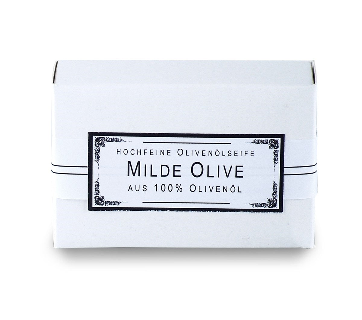 Milde Olive Seife – weiße Kartonverpackung, schwarze Schrift, weißer Hintergrund – sanfte Hautpflege