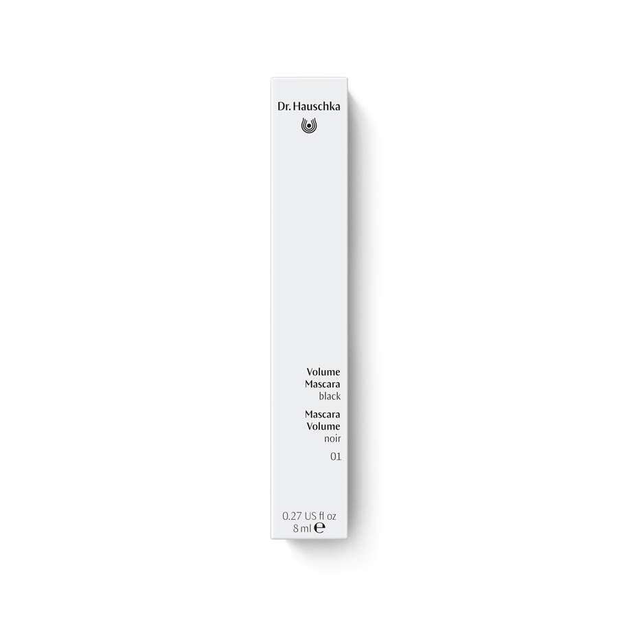 Dr. Hauschka Volume Mascara 01 Schwarz – weiße Tube 8ml, weißer Hintergrund – Wimpernmakeup
