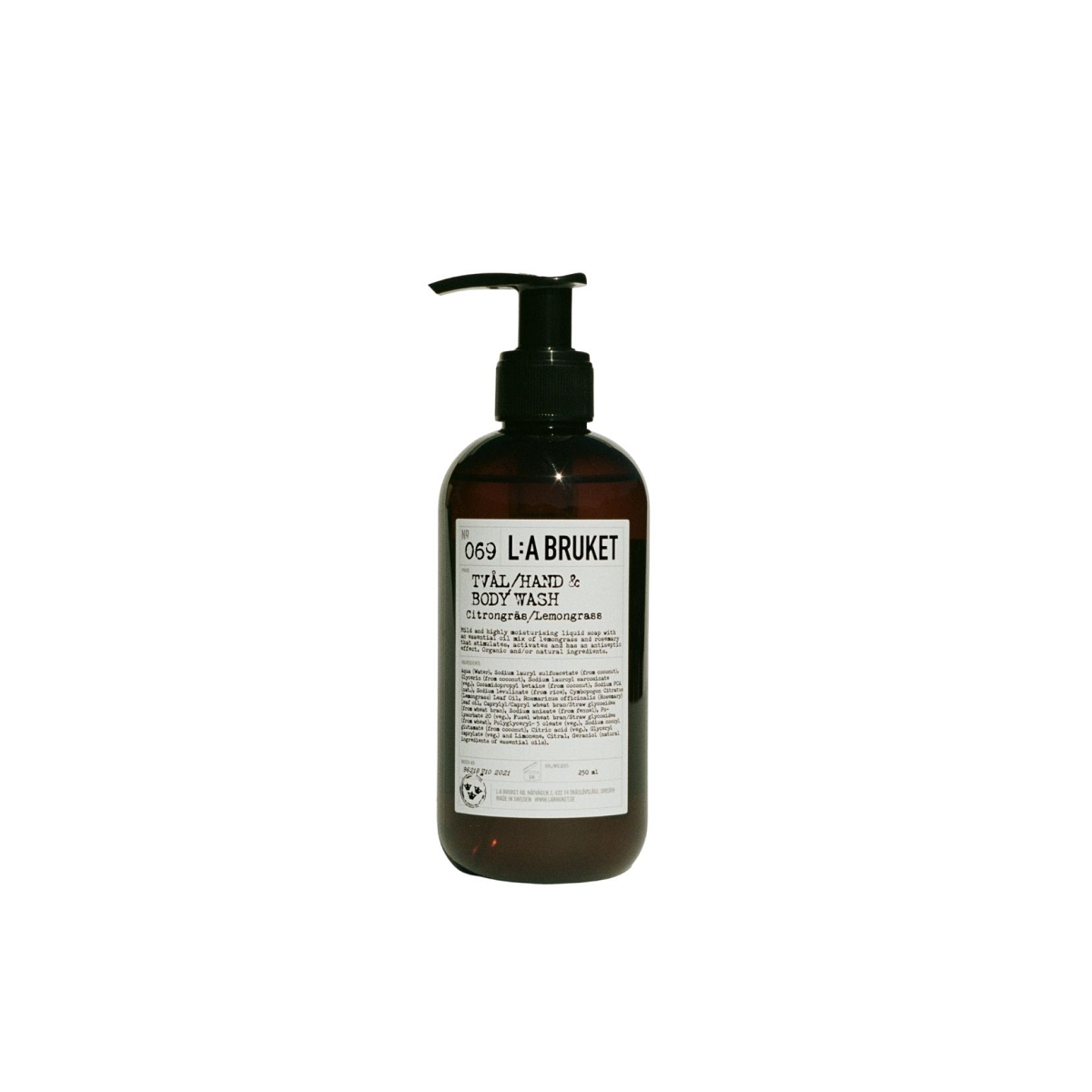 L:A BRUKET No. 069 Hand- & Körperwaschgel Zitronengras – braune Flasche 250ml mit Pumpverschluss, weißer Hintergrund – Hautpflege