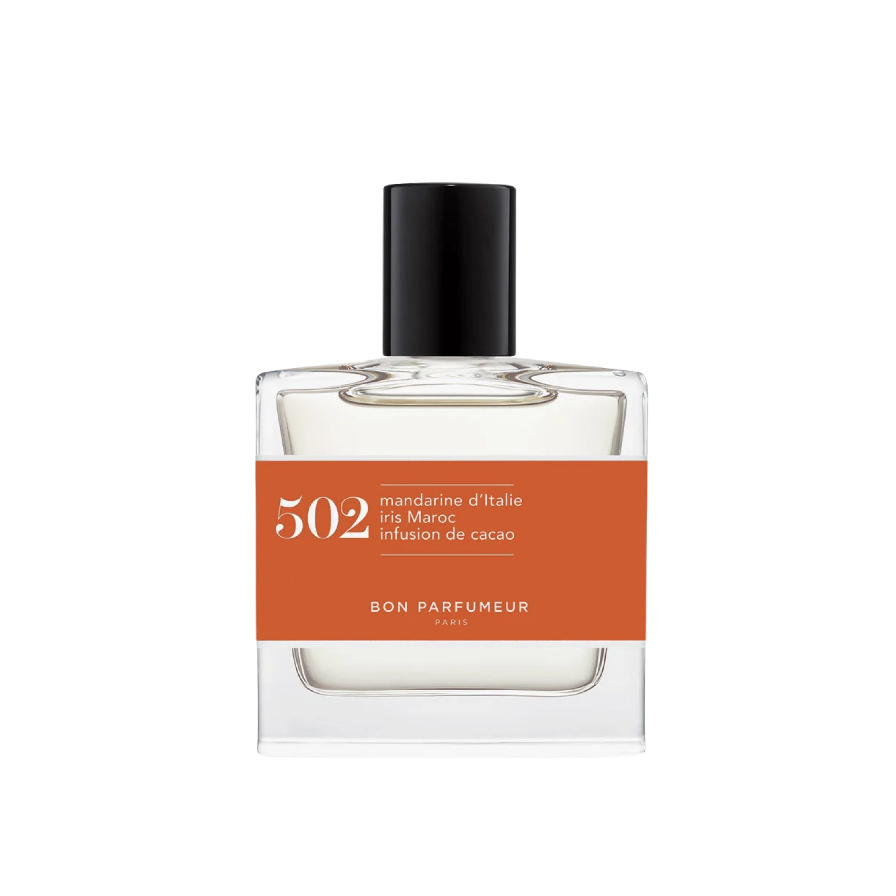 Bon Parfumeur 502 Iris Cartagena Eau de Parfum – klares Glasfläschchen 30ml, schwarzer Verschluss, weißer Hintergrund – Parfüm