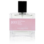 Bon Parfumeur 103 Tiaré – klares Glasfläschchen 30ml, schwarzer Verschluss, rosafarbene Etikette, weißer Hintergrund – Parfüm