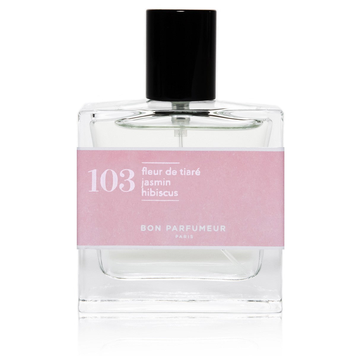Bon Parfumeur 103 Tiaré – klares Glasfläschchen 30ml, schwarzer Verschluss, rosafarbene Etikette, weißer Hintergrund – Parfüm