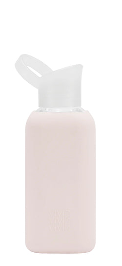 Pink water bottle with white cap and carrying loop on a white background.