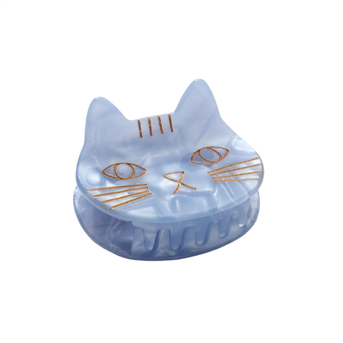 Saltwater Kitty Cat Blue Hair Clip – blue cat head with gold detailing, white background – hair styling