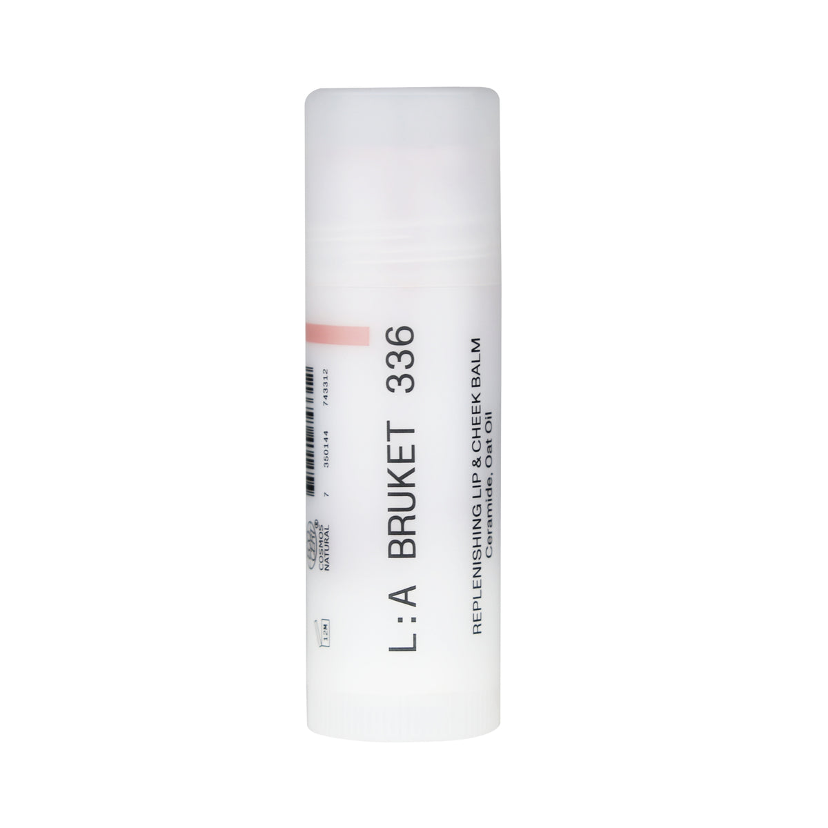 L:A Bruket No. 336 Replenishing Lip & Cheek Balm in a white stick tube against a white background, skin care.