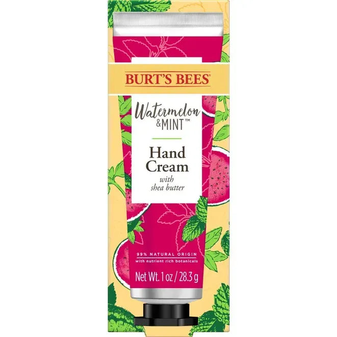 Burt’s Bees Watermelon & Mint Handcreme – Tube 28,3 g, schwarzer Deckel, gelber Hintergrund mit Wassermelonen – Hautpflege