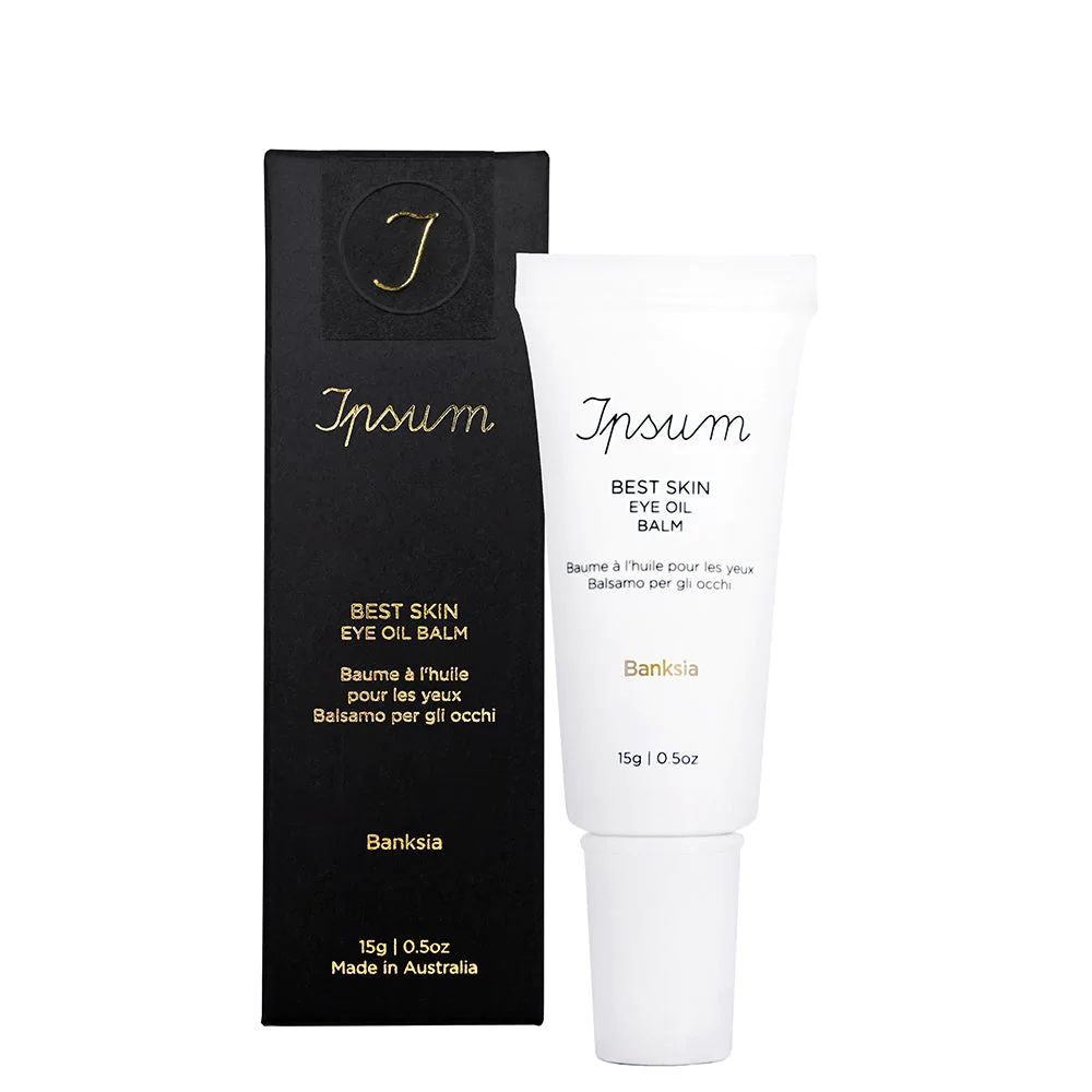 Ipsum Best Skin Eye Oil Balm – weiße Tube 15g, weißer Deckel, schwarzer Karton, weißer Hintergrund – Augenpflege