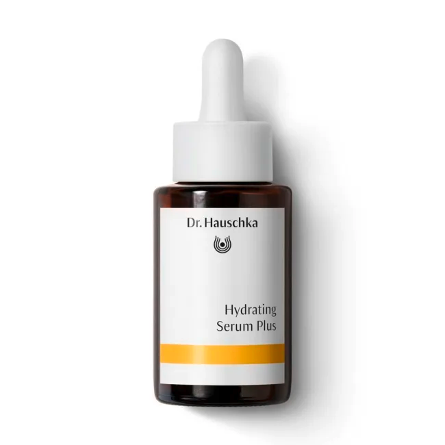 Dr. Hauschka Hydrating Serum Plus in einer braunen Glasflasche mit weißem Pipettenaufsatz, Hautpflege Serum