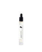 Conscious Wood Perfume Oil – clear glass bottle with dropper, white label and black cap, white background – perfume