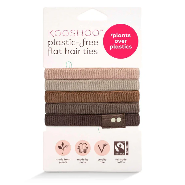 KOO SHOO Plastic Free Flat Hair Ties Earth Tints – weißes Kartonpaket, erdige Farbtöne, weißer Hintergrund – Haarpflege