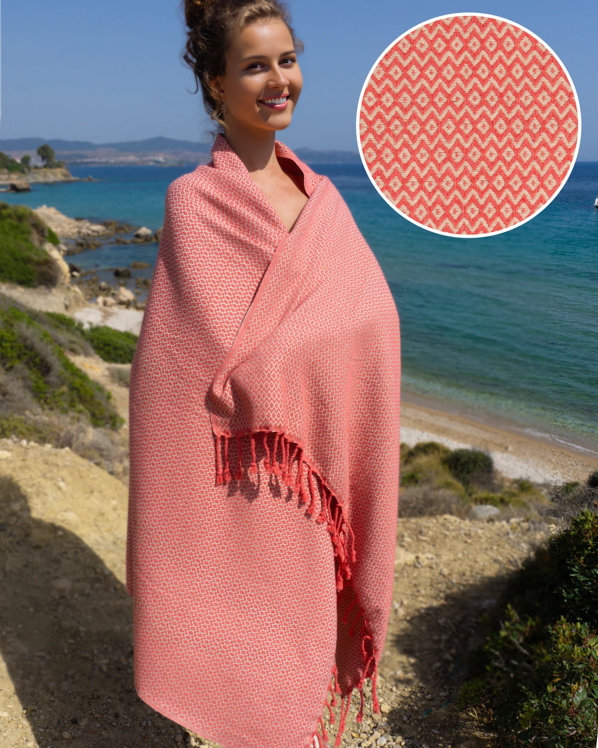 Hamamtuch Samos Fuchsia Beige