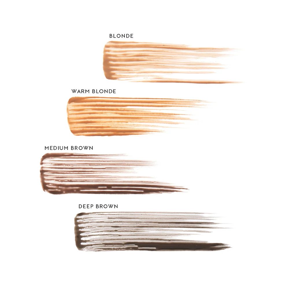 Feather Touch Brow Gel Farbvarianten – Blonde, Warm Blonde, Medium Brown, Deep Brown auf weißem Hintergrund – Augenbrauenstyling