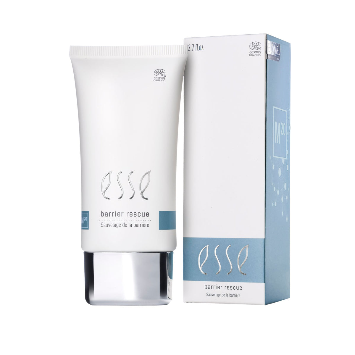 esse M20 Barrier Rescue, 80 ml, in weißer Tube mit silbernem Verschluss neben der passenden Faltschachtel.