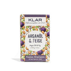 KLAR Solid Shampoo Argan Oil & Fig – 100g, purple-white packaging with nuts and figs, white background – hair care