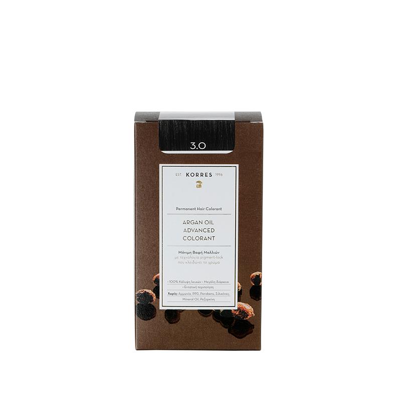 KORRES Arganöl Permanent Haarfarbe 3.0 – braune Kartonverpackung, weißer Hintergrund – Haarpflege