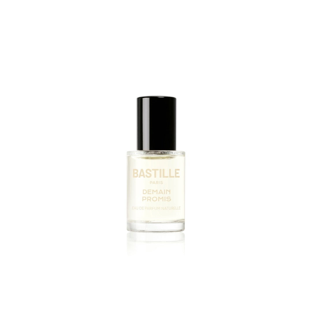 Bastille Demain Promis Eau de Parfum – klares Glasfläschchen 15ml, schwarzer Deckel, weißer Hintergrund – Parfüm